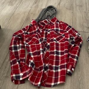Red plaid jacket gray hood
